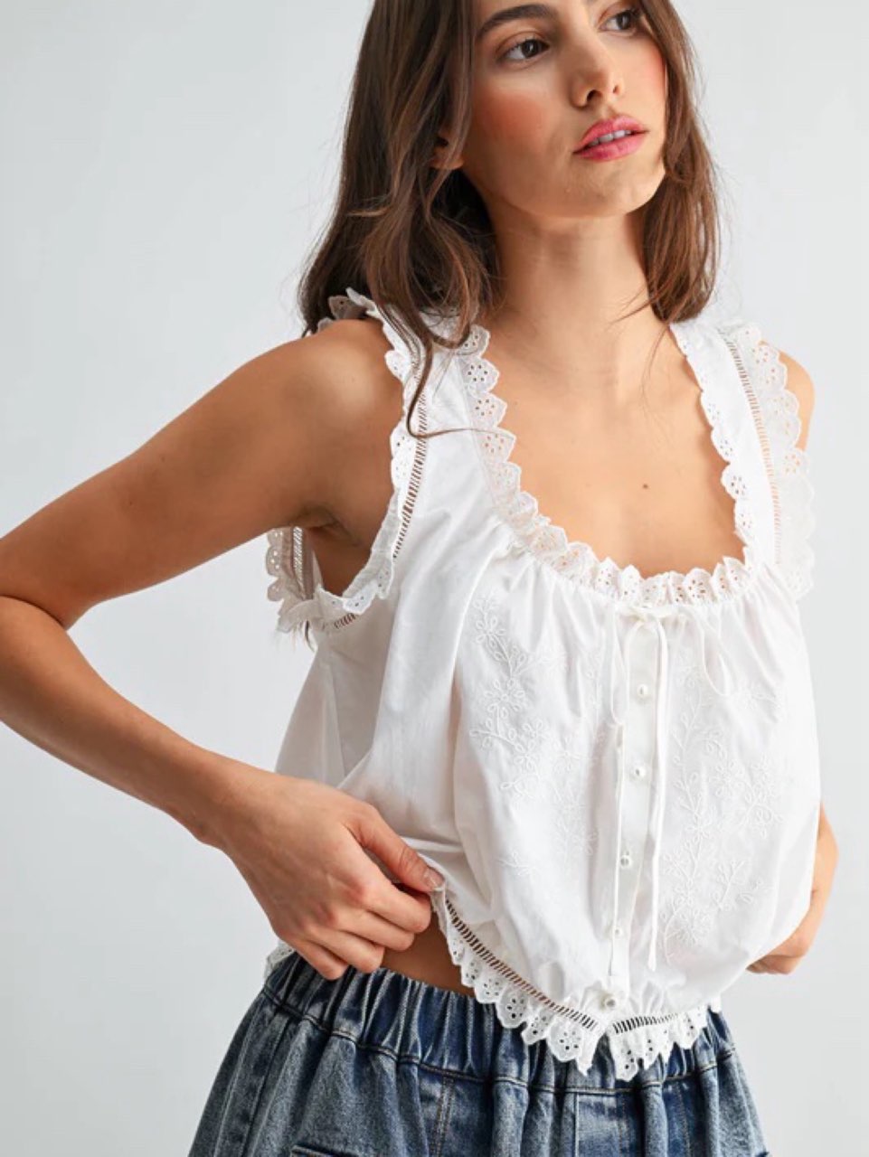 White Eyelet Ruffle Crop Top