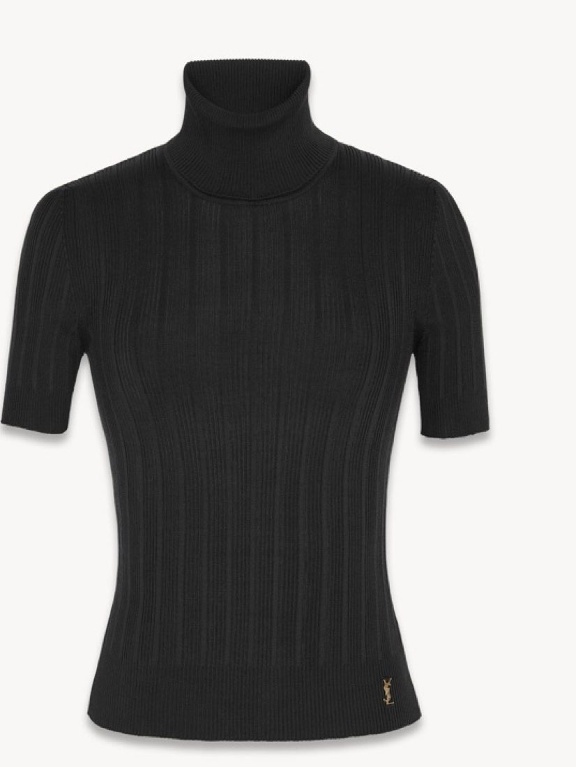 Black Ribbed Short-Sleeve Turtleneck Top
