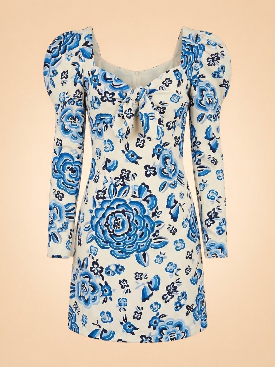 Blue and White Floral Puff Sleeve Mini Dress
