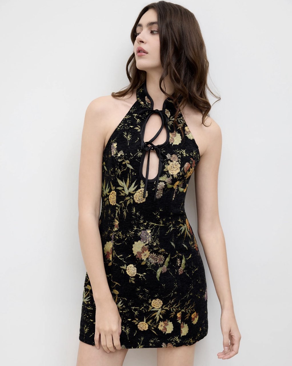 Black Jacquard Floral Halter Mini Dress