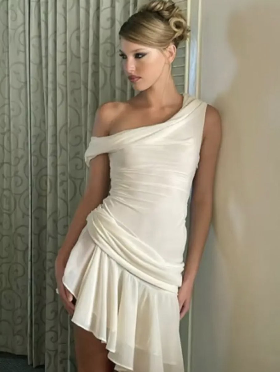 Cream Asymmetrical Draped Mini Dress