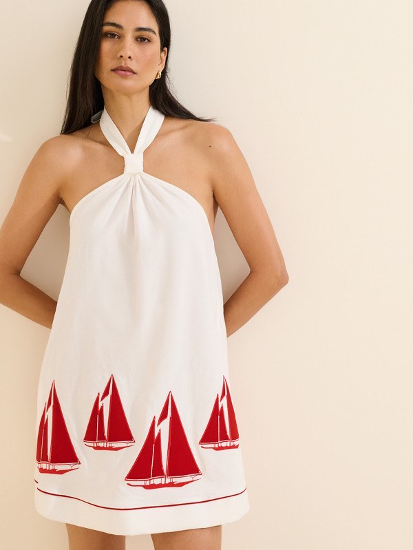 White Halter Mini Dress with Sailboat Print