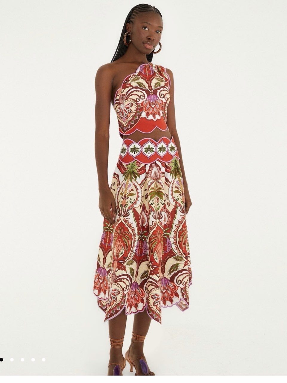 Farm Rio Red Multi One-Shoulder Crop Top & Midi Skirt Set