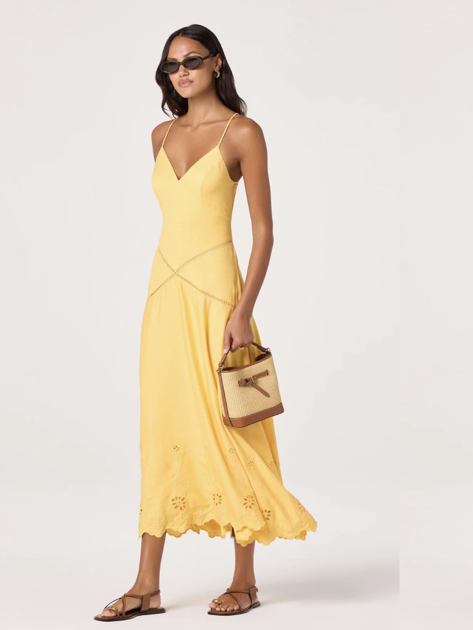Yellow Eyelet Midi Dress