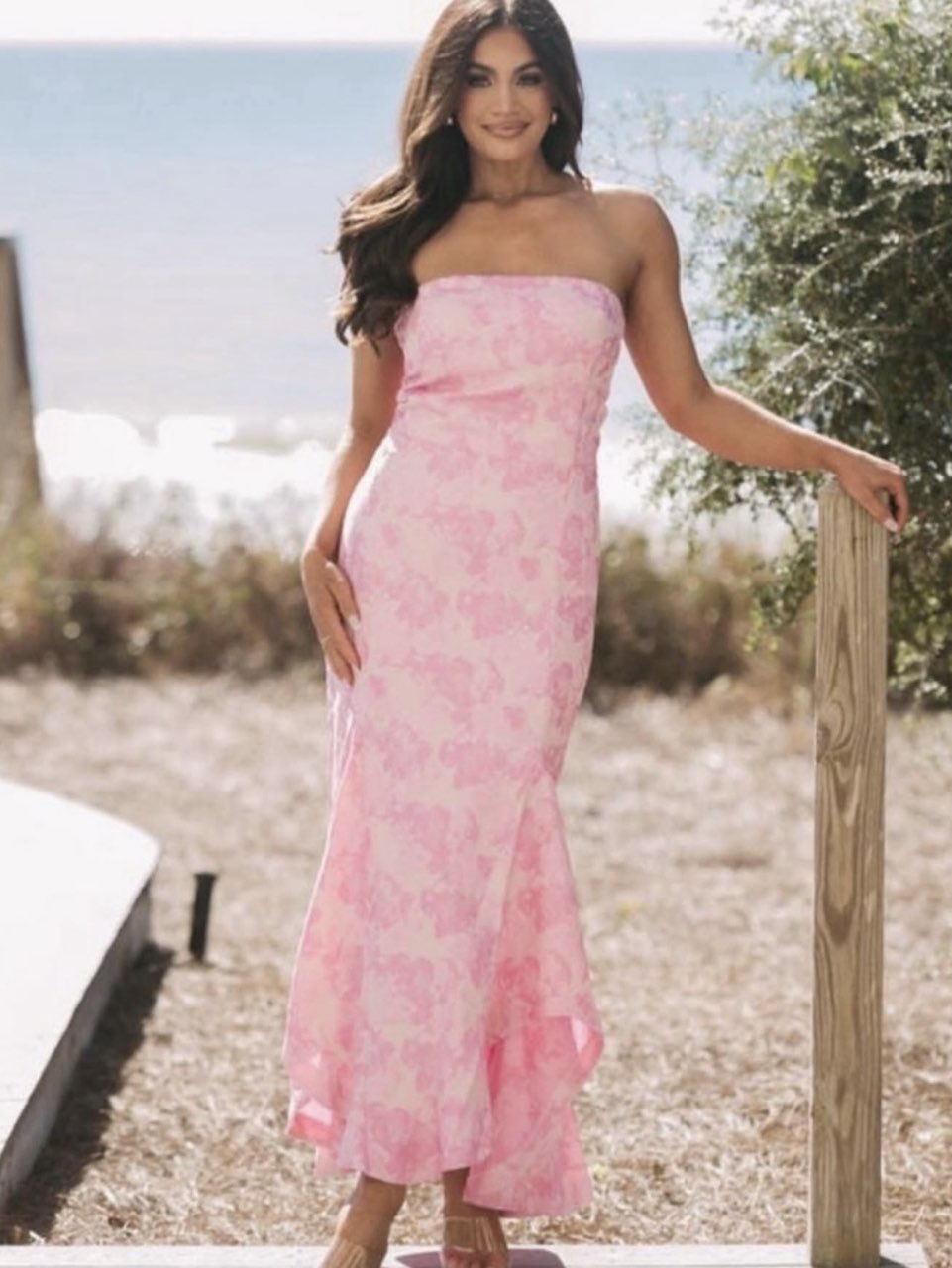 Pink Floral Strapless Mermaid Midi Dress