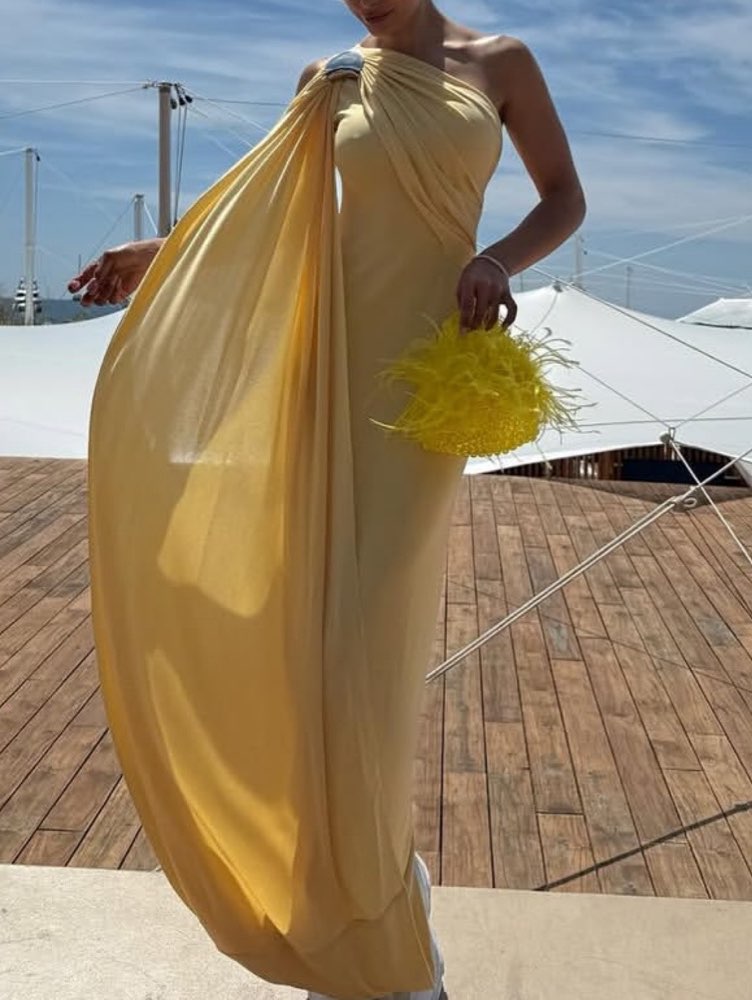 Pale Yellow One-Shoulder Draped Maxi Dress