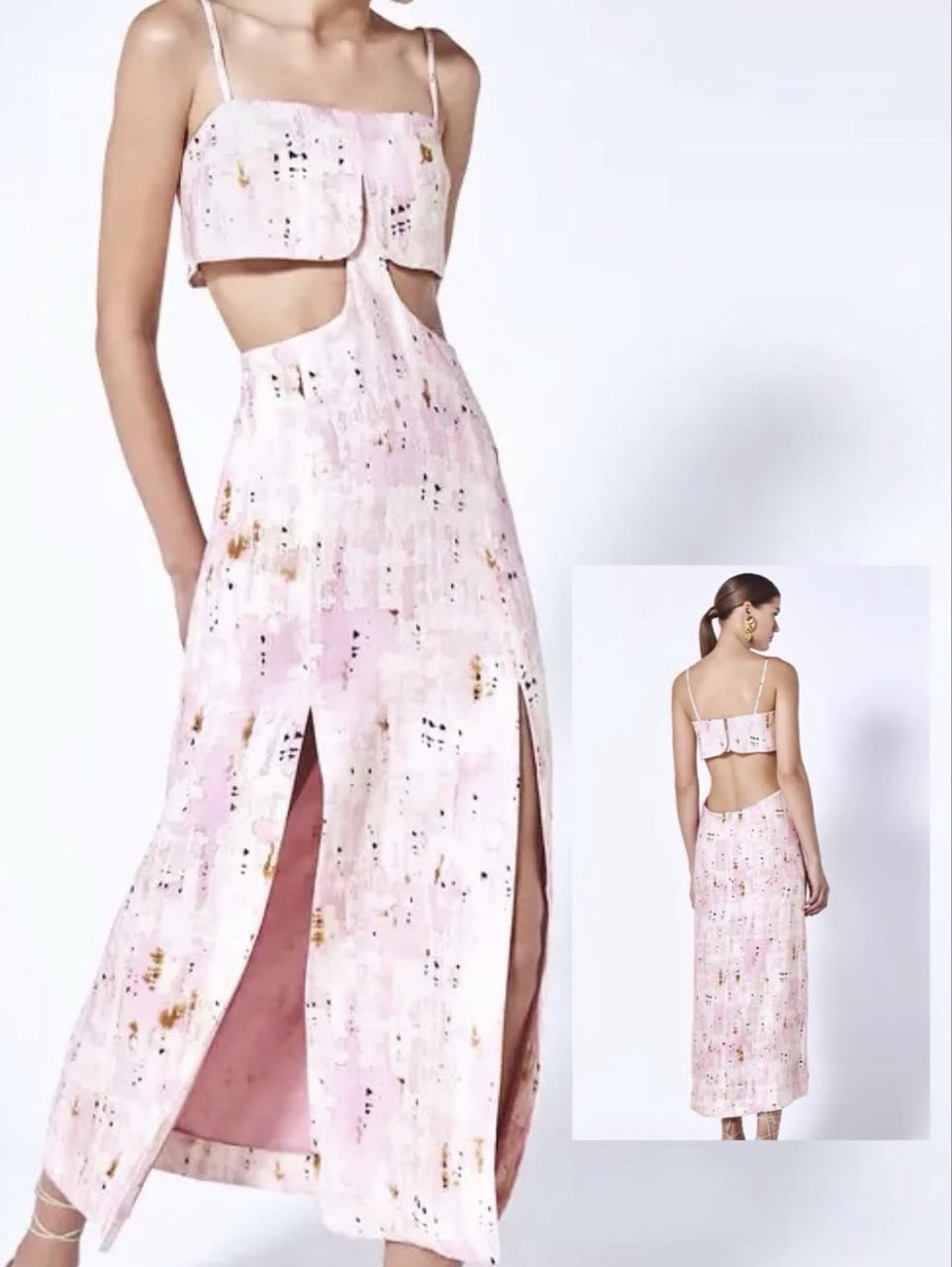 Pink Abstract Print Cutout Midi Dress
