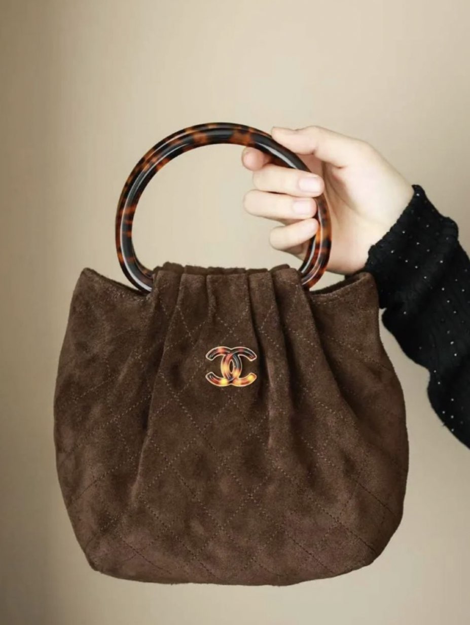 Chanel Brown Suede Quilted Top Handle Bag