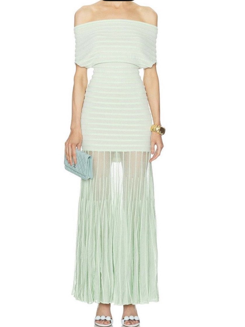 Mint Green Off-Shoulder Striped Maxi Dress