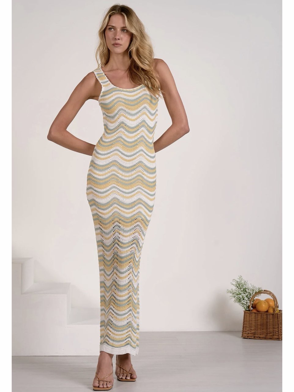 ELAN OPEN KNIT CHEVRON SLEEVELESS MAXI DRESS