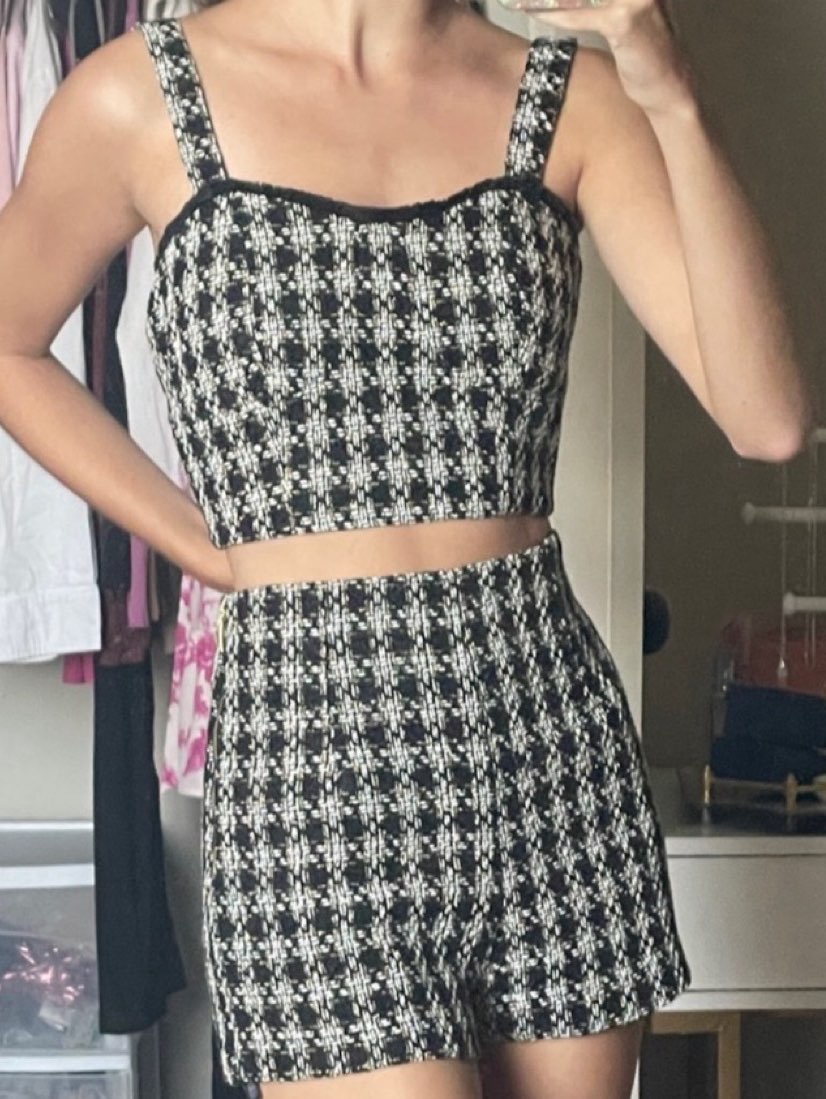Black and White Tweed Crop Top and Shorts Set