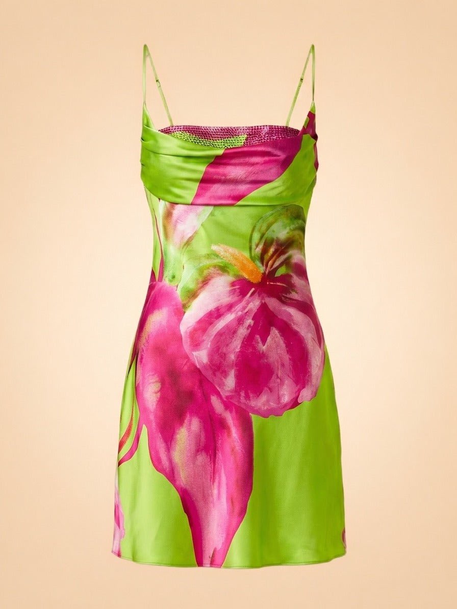 Lime Green Tropical Slip Dress