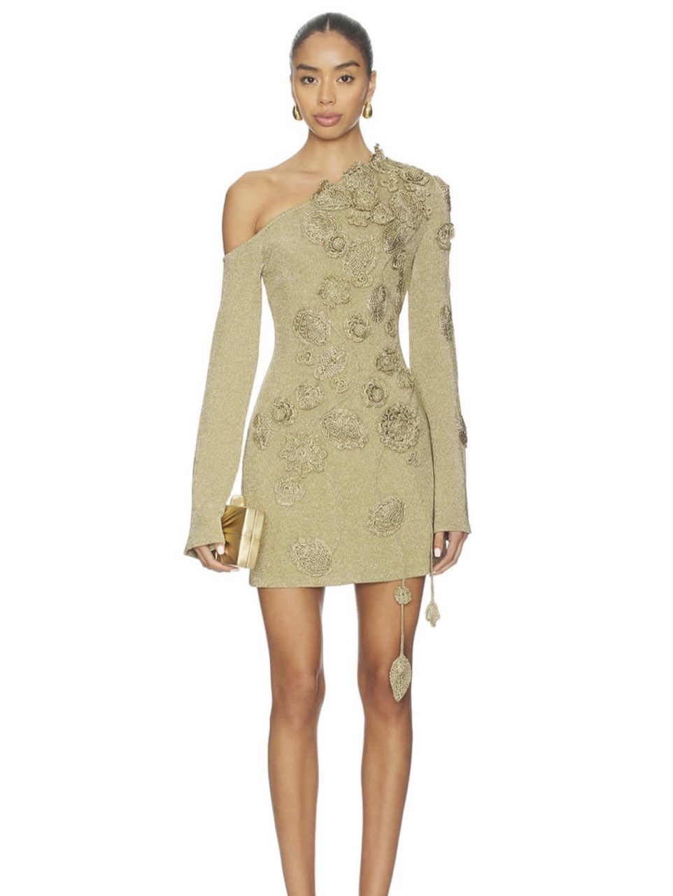 Gold Floral Embellished One-Shoulder Mini Dress