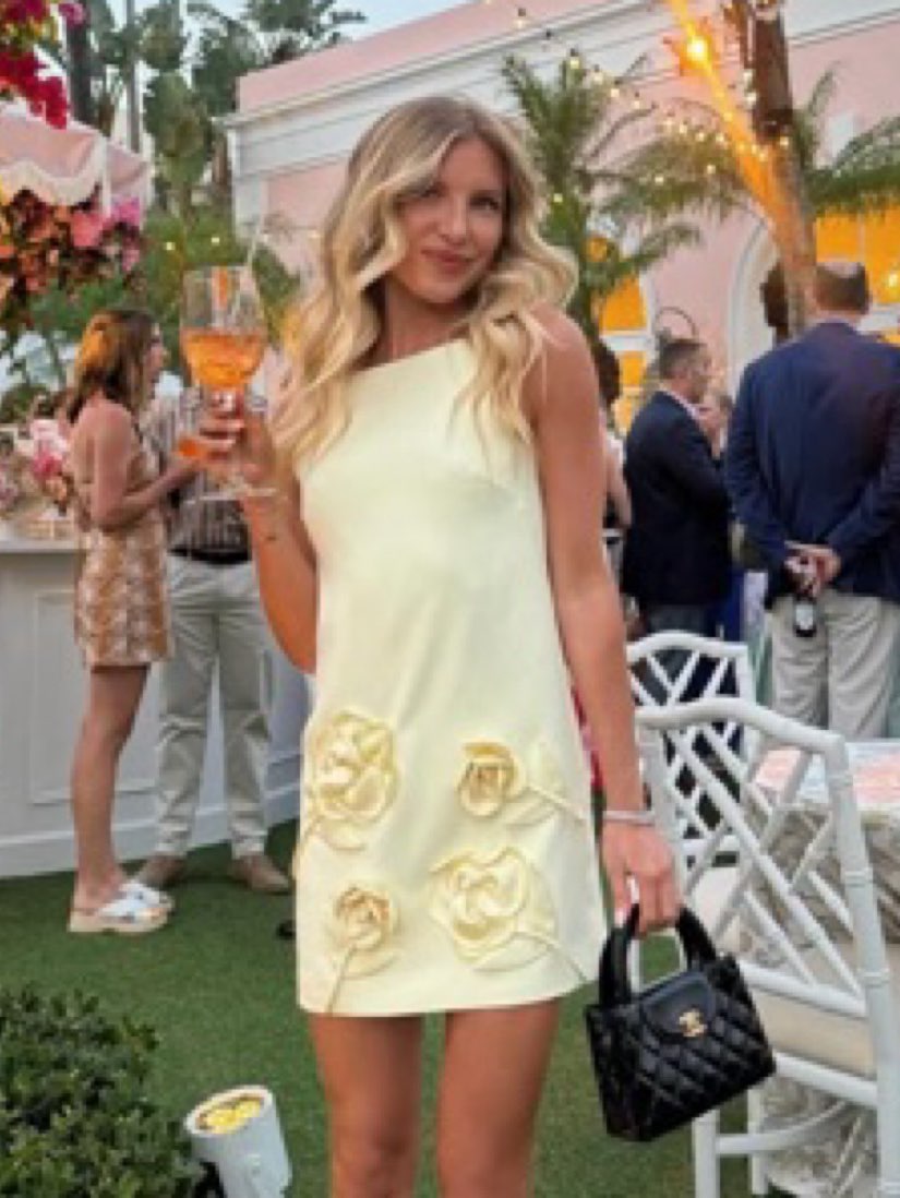 Pale Yellow Floral Applique Mini Dress