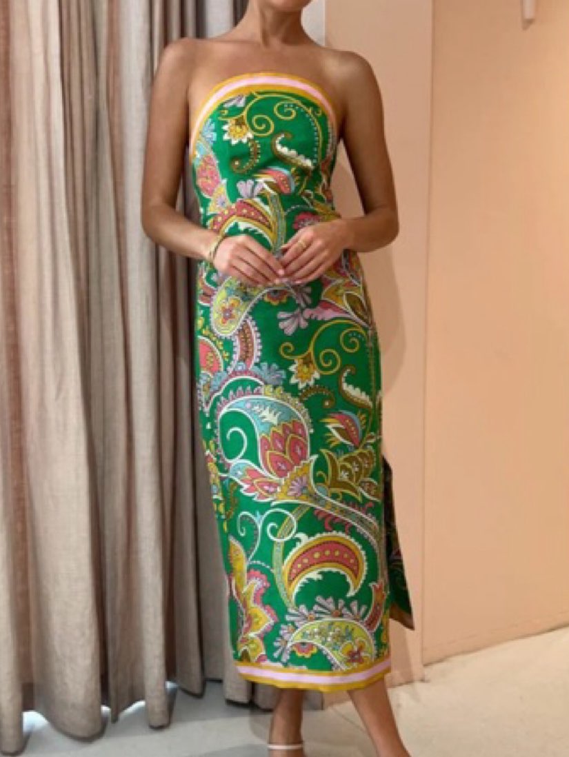 Green Paisley Strapless Midi Dress