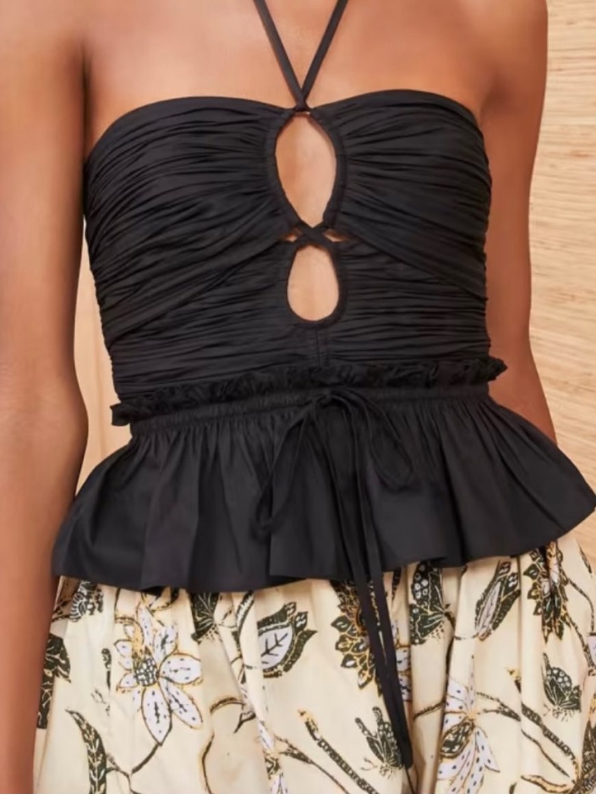 Black Ruched Halter Peplum Top - Angelina Top in Noir