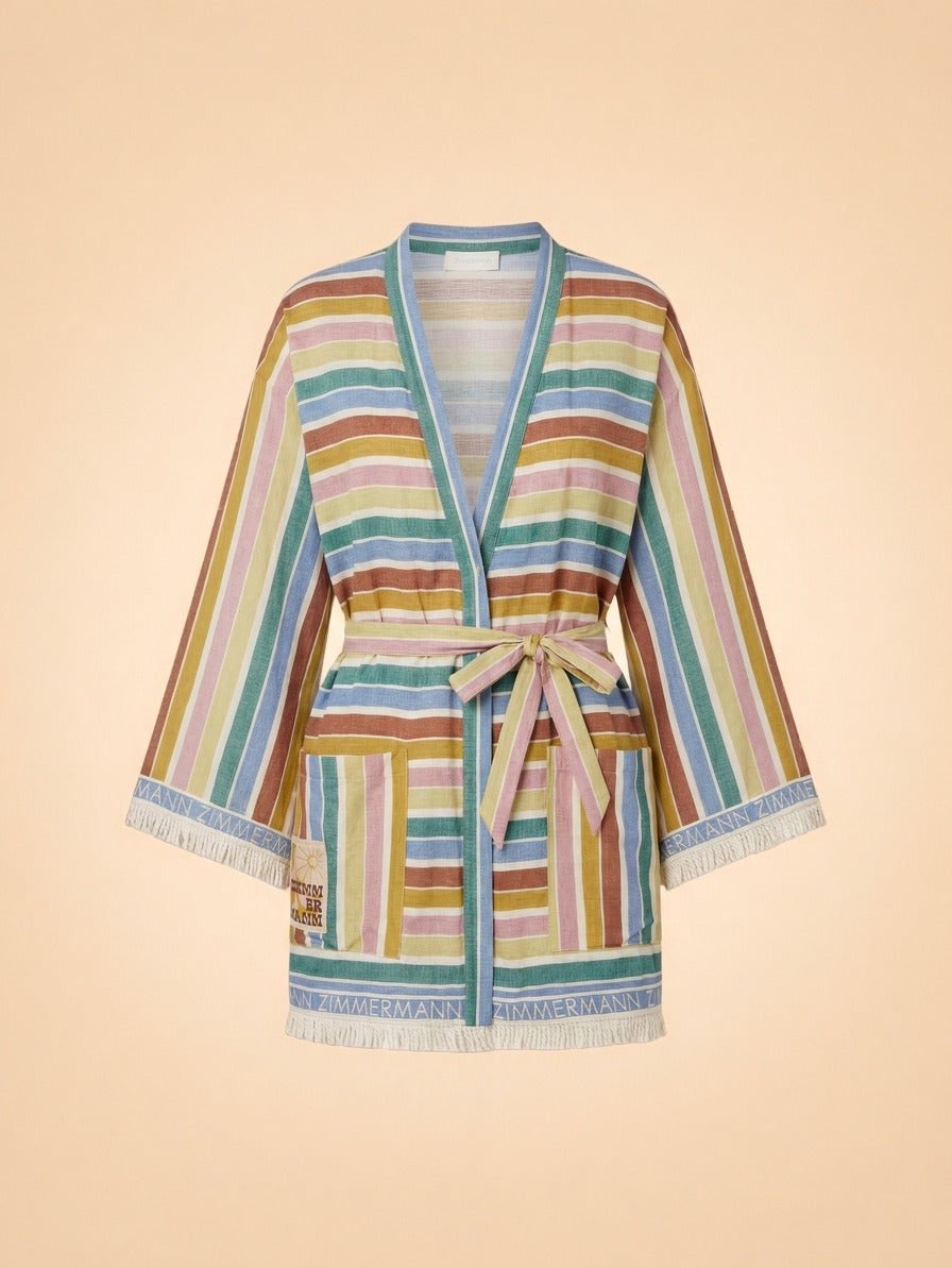 Everley Belted Fringed Striped Cotton-Voile Robe