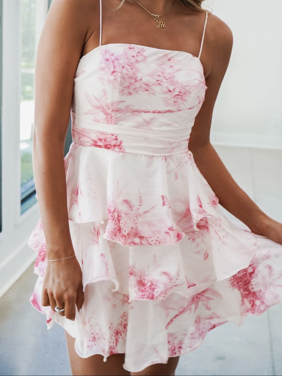 Pink Floral Ruffled Mini Dress