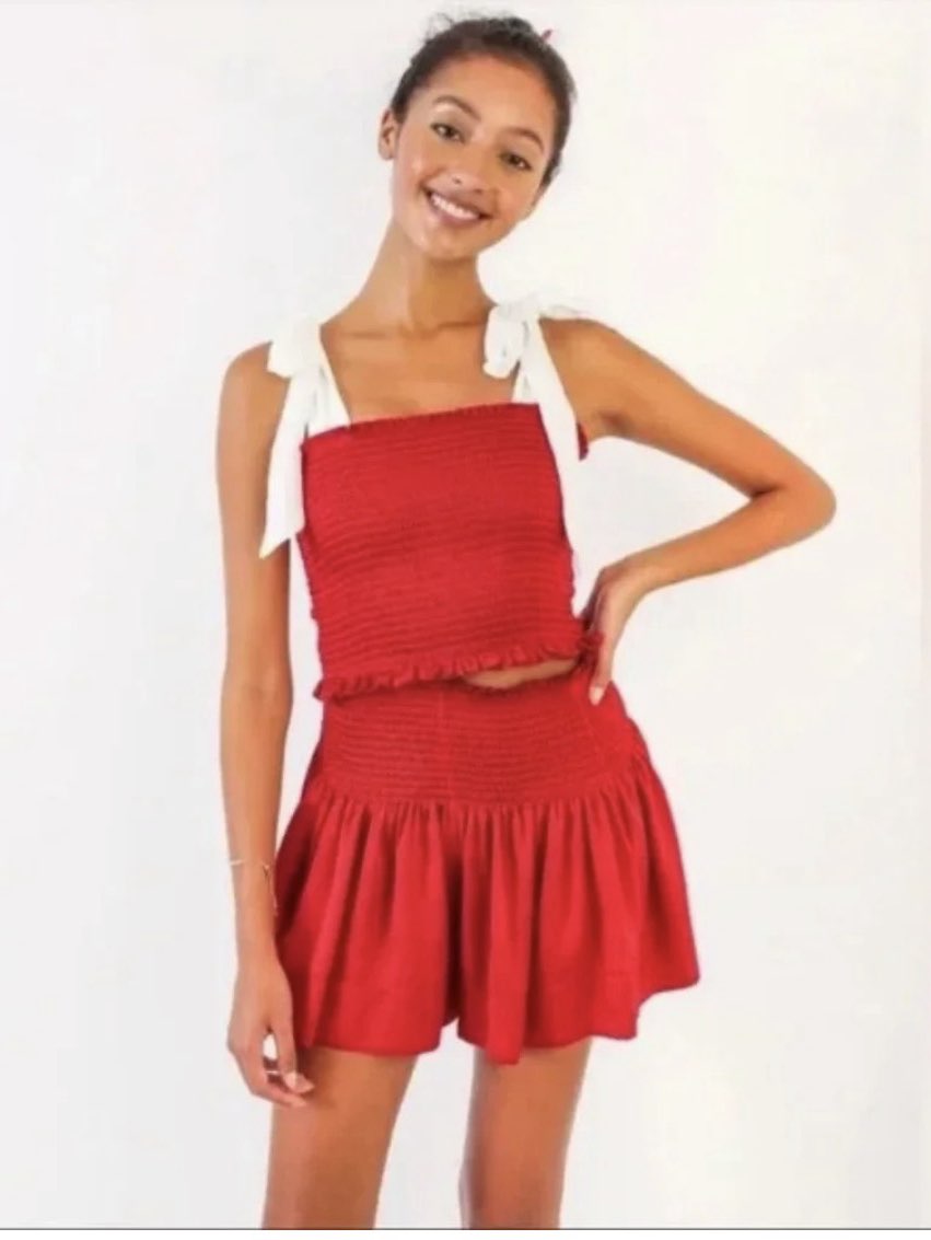 Red Smocked Tie-Strap Crop Top and Shorts Set
