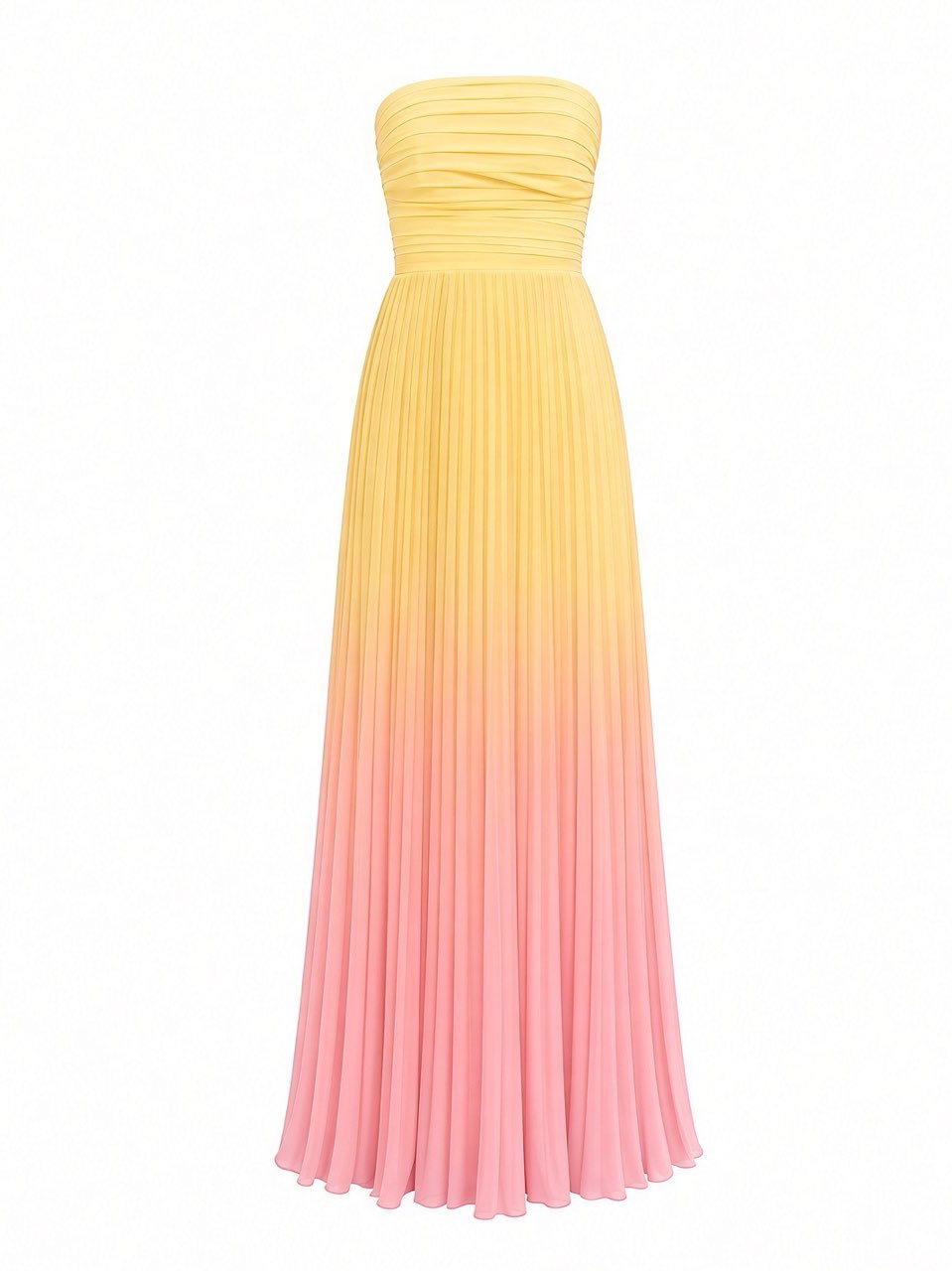 Yellow to Pink Ombre Pleated Maxi Dress