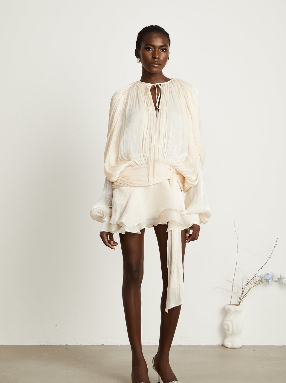 Eugénie Neutral Fully Pleated Ruffled Mini Dress