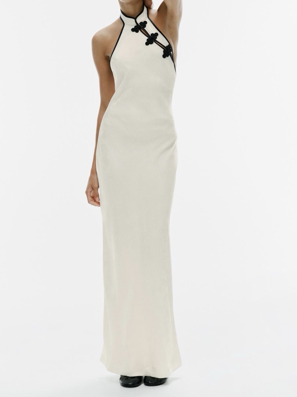 Cream Halter Neck Maxi Dress with Frog Closures