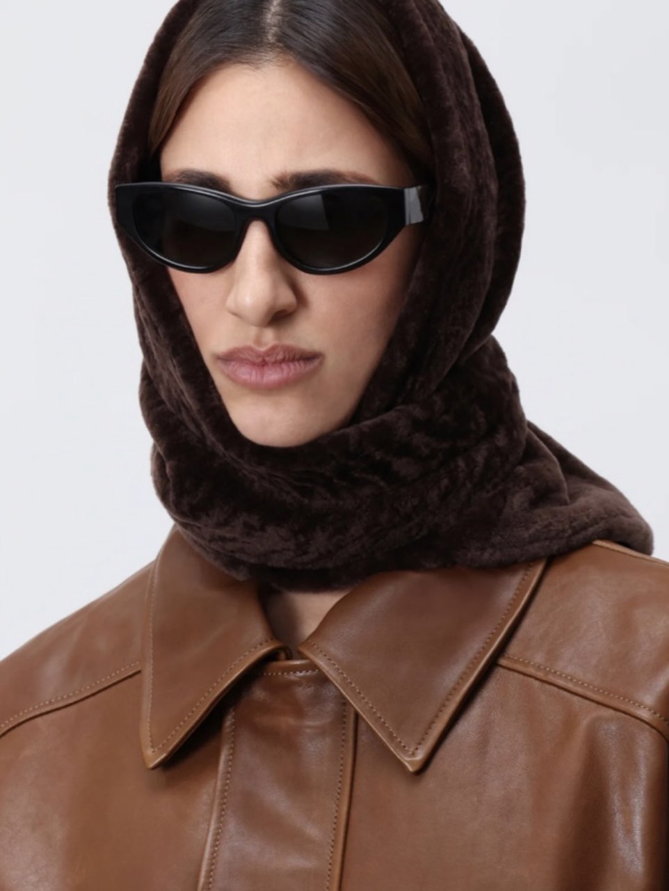 Dark Brown Shearling Hooded Scarf