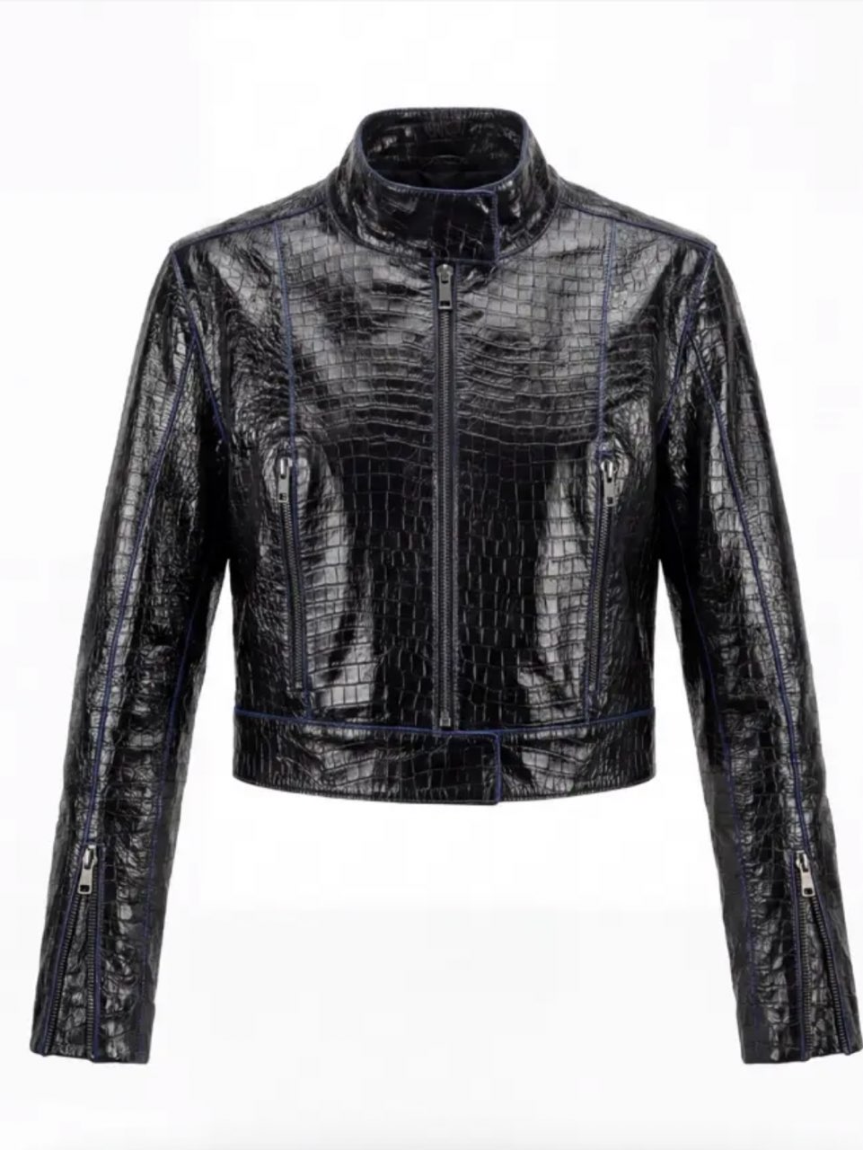 Black Croc-Embossed Faux Leather Jacket and Skirt Set