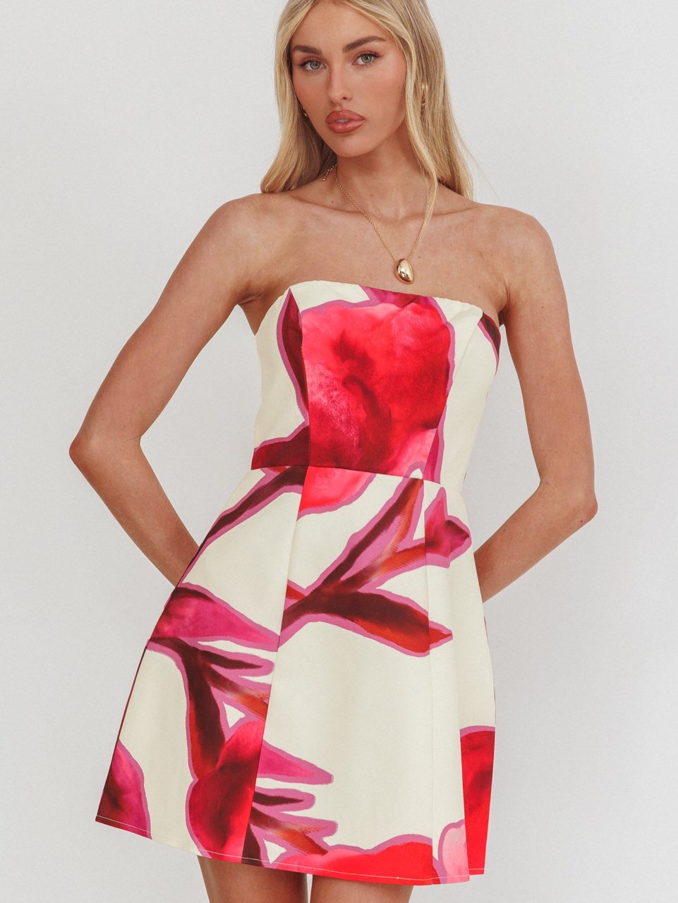 City Central Strapless A-Line Mini Dress Print Beige
