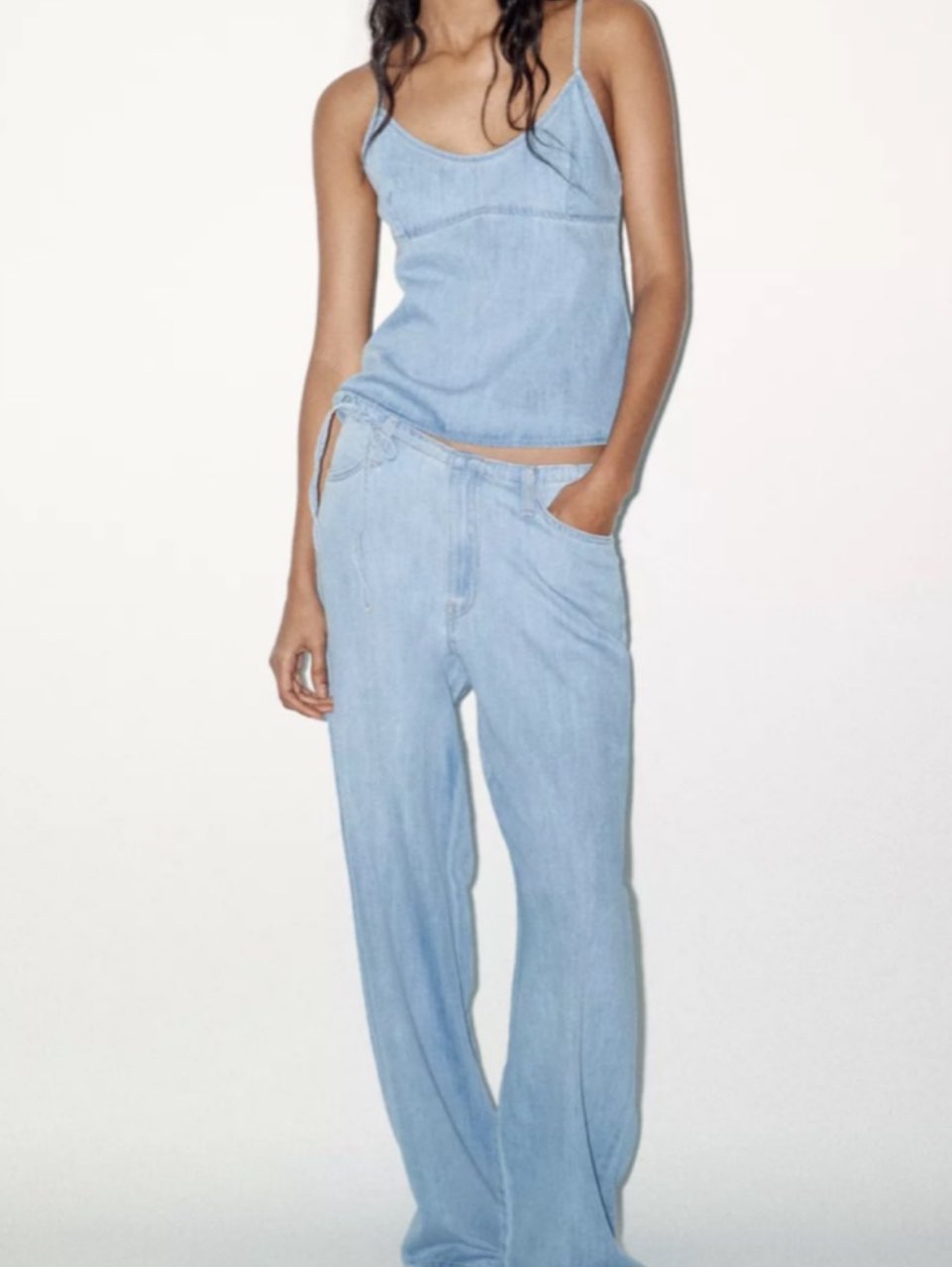 Light Wash Denim Cami Top and Wide-Leg Pants Set