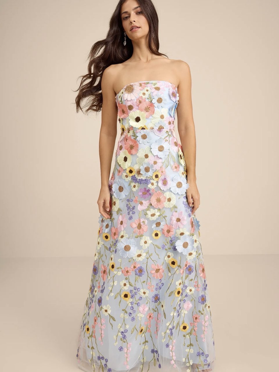 Rosario Light Blue Multi 3D Floral Embroidered Maxi Dress