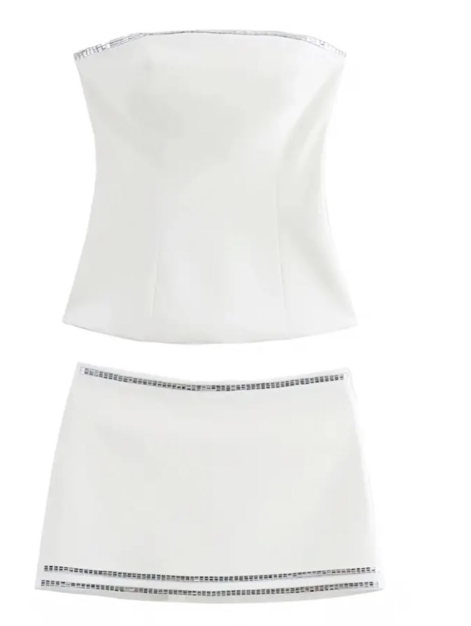 White Embellished Strapless Top & Mini Skirt Set