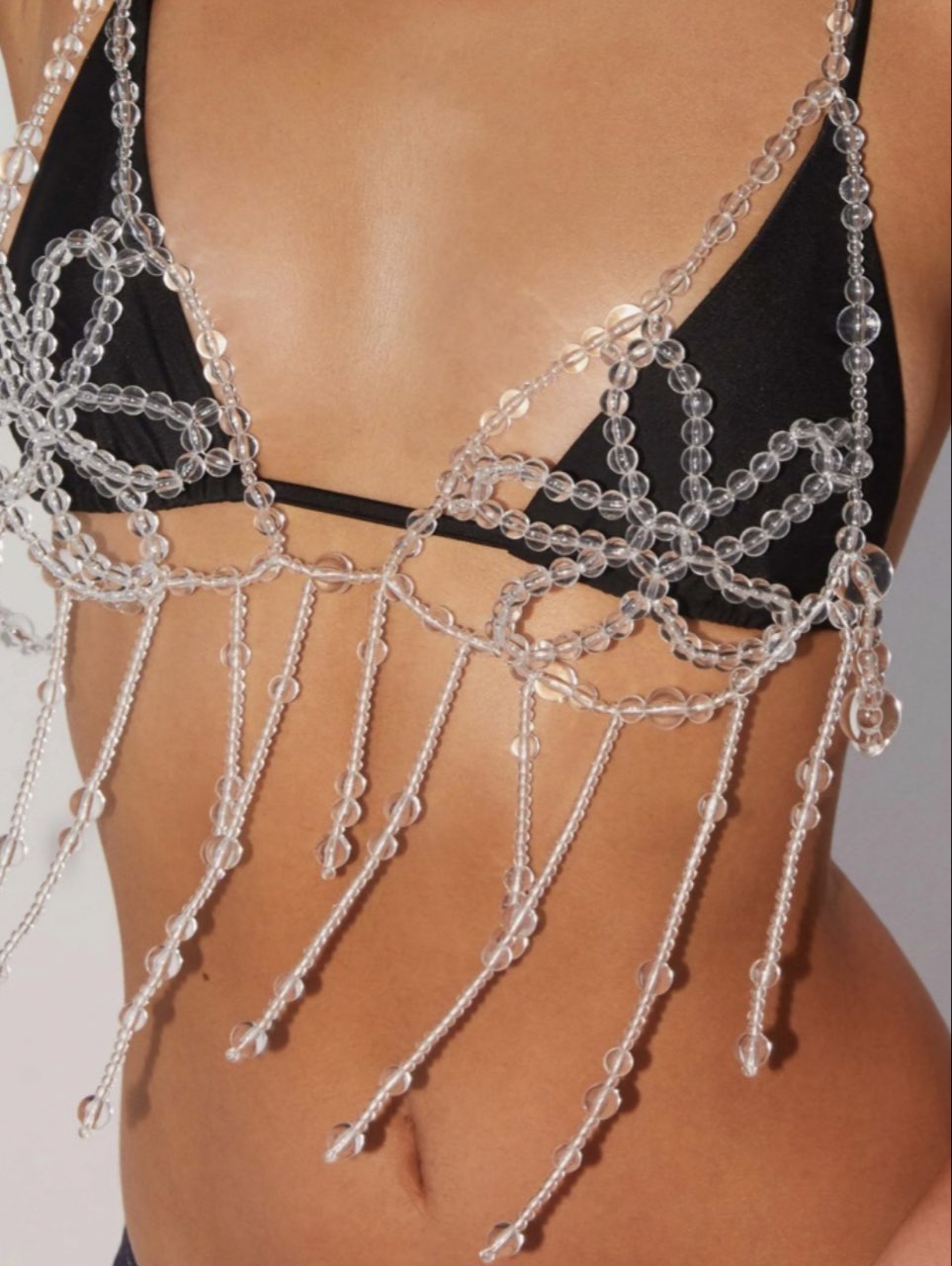 Black Triangle Bikini Top with Beaded Overlay