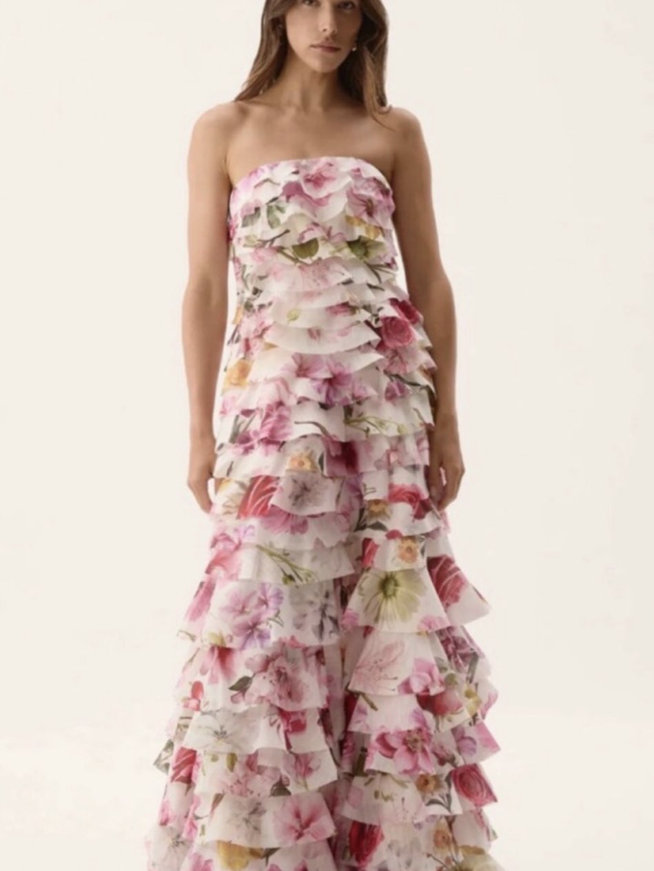 Floral Ruffled Strapless Maxi Dress