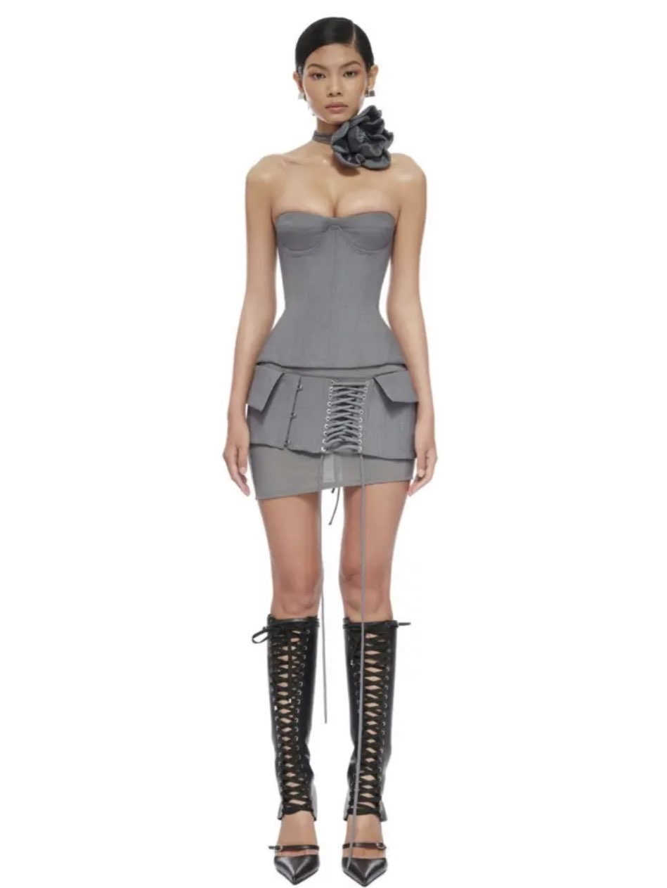 Grey Corset Mini Dress with Lace-Up Detail