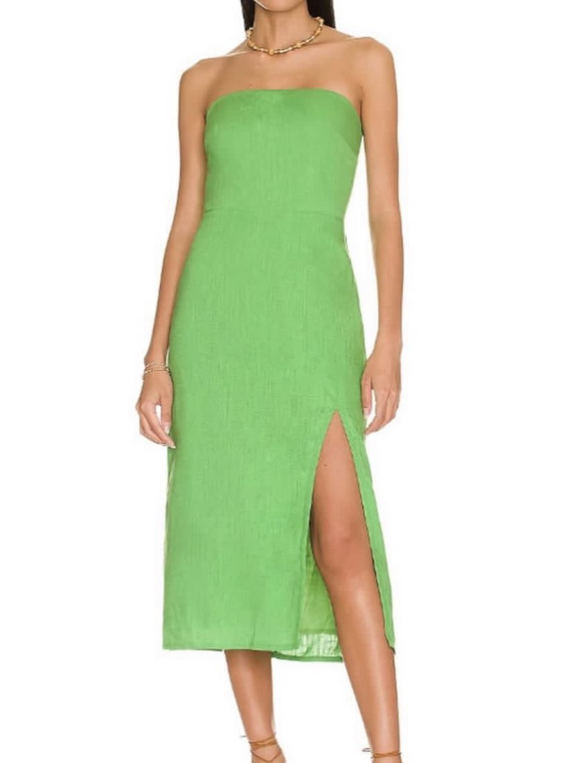 Lime Green Strapless Midi Dress with Slit