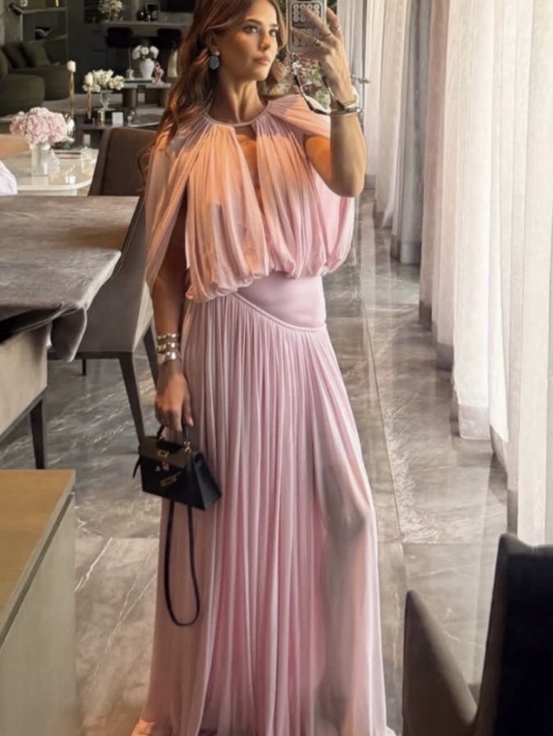 Blush Pleated Cape Maxi Dress