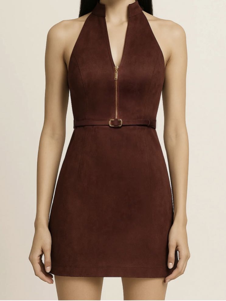 Brown Faux Suede Halter Mini Dress