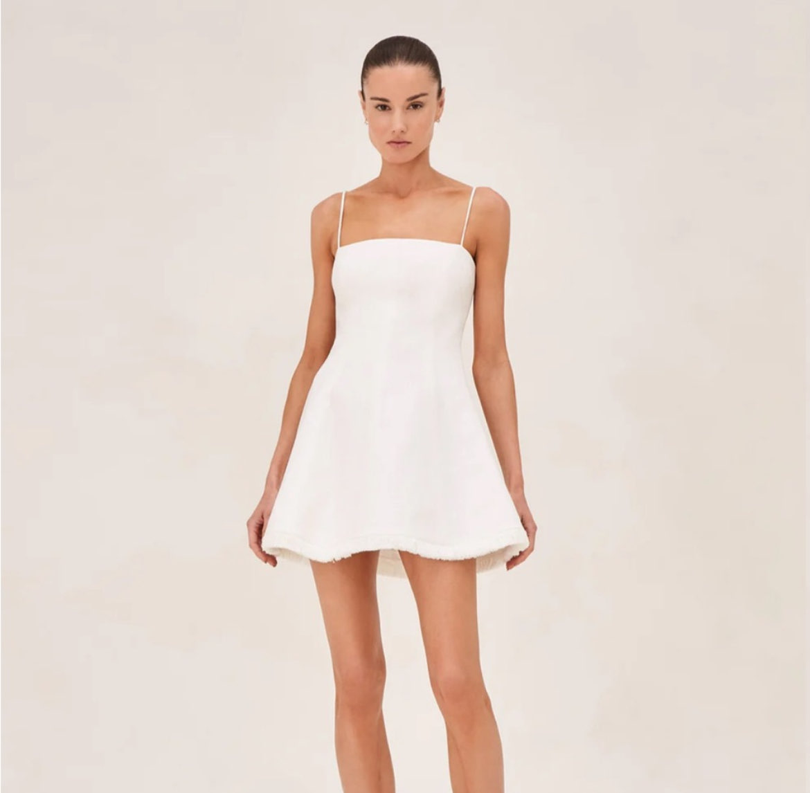 White/Cream Cruz Fit-&-Flare Fringe-Hem Linen Square-Neck Mini Dress
