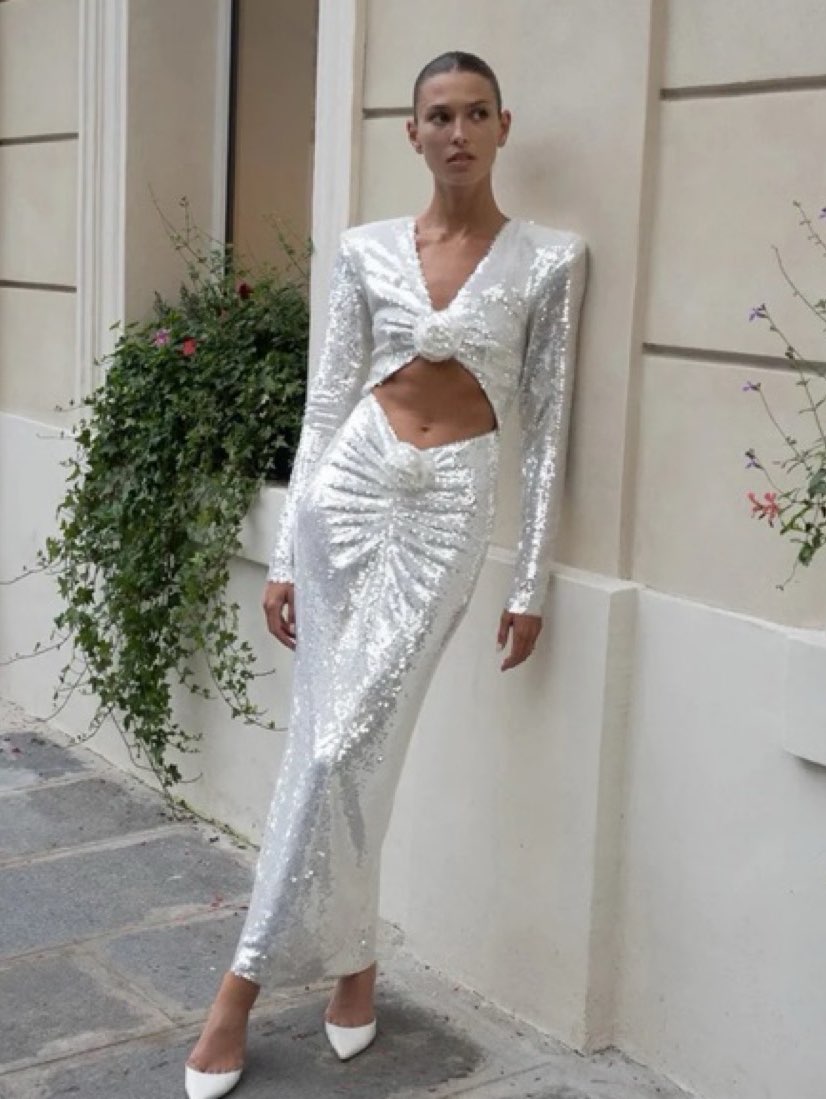 Silver Sequin Cut-Out Maxi Dress