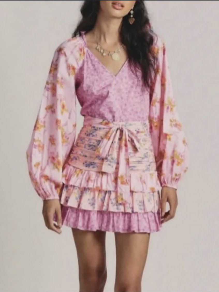 Pink Floral Blouse and Ruffled Mini Skirt Set