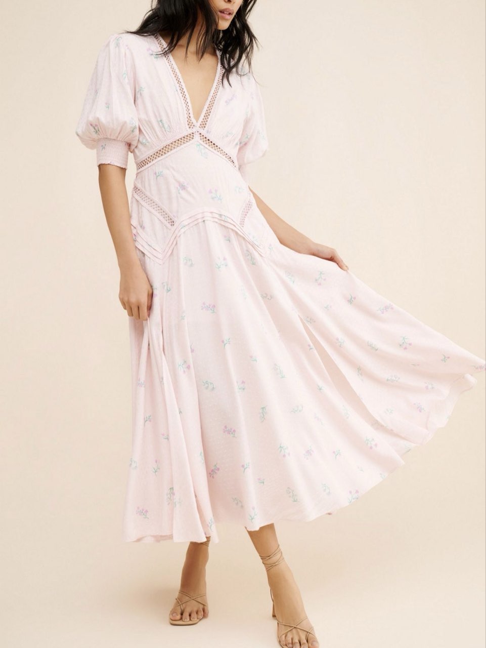 Pink Floral Puff Sleeve Midi Dress