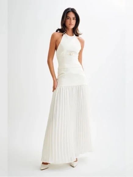 Meshki White Jillian Pleated Maxi Skirt
