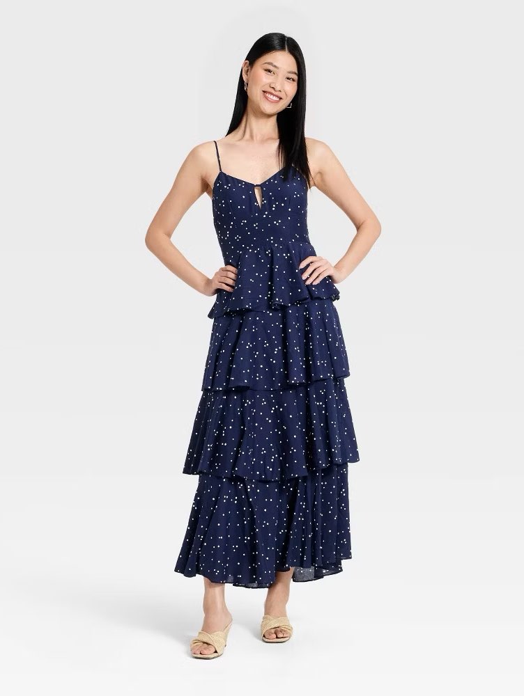 Navy Polka Dot Tiered Midi Dress