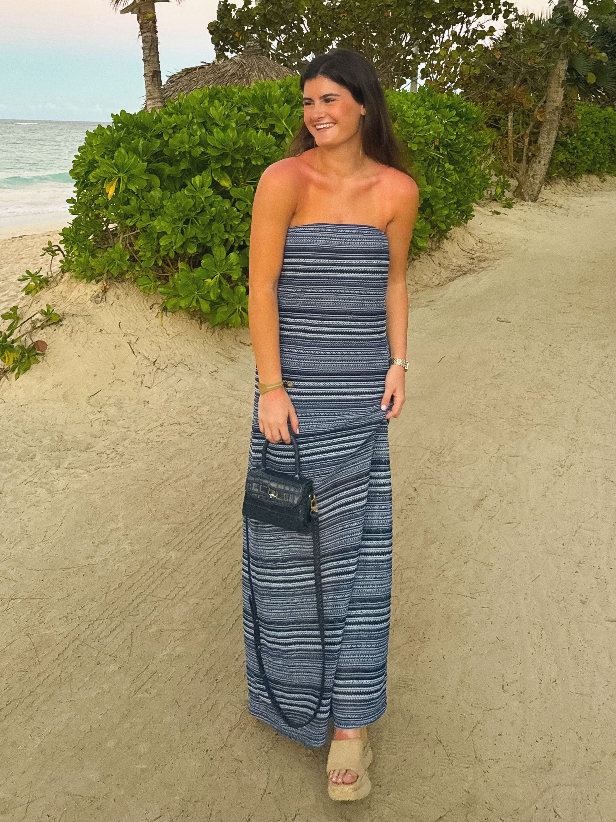 Striped Texture Blue Maxi Dress