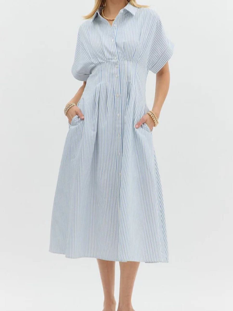 Blue Stripe Pintuck Midi Dress
