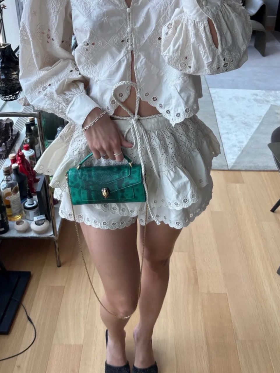 Eyelet Puff Sleeve Top & Ruffle Shorts Set