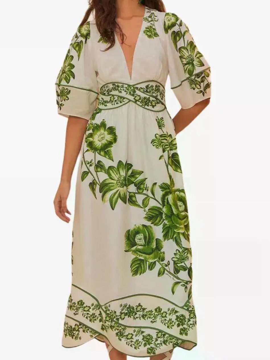 Green Floral V-Neck Midi Dress
