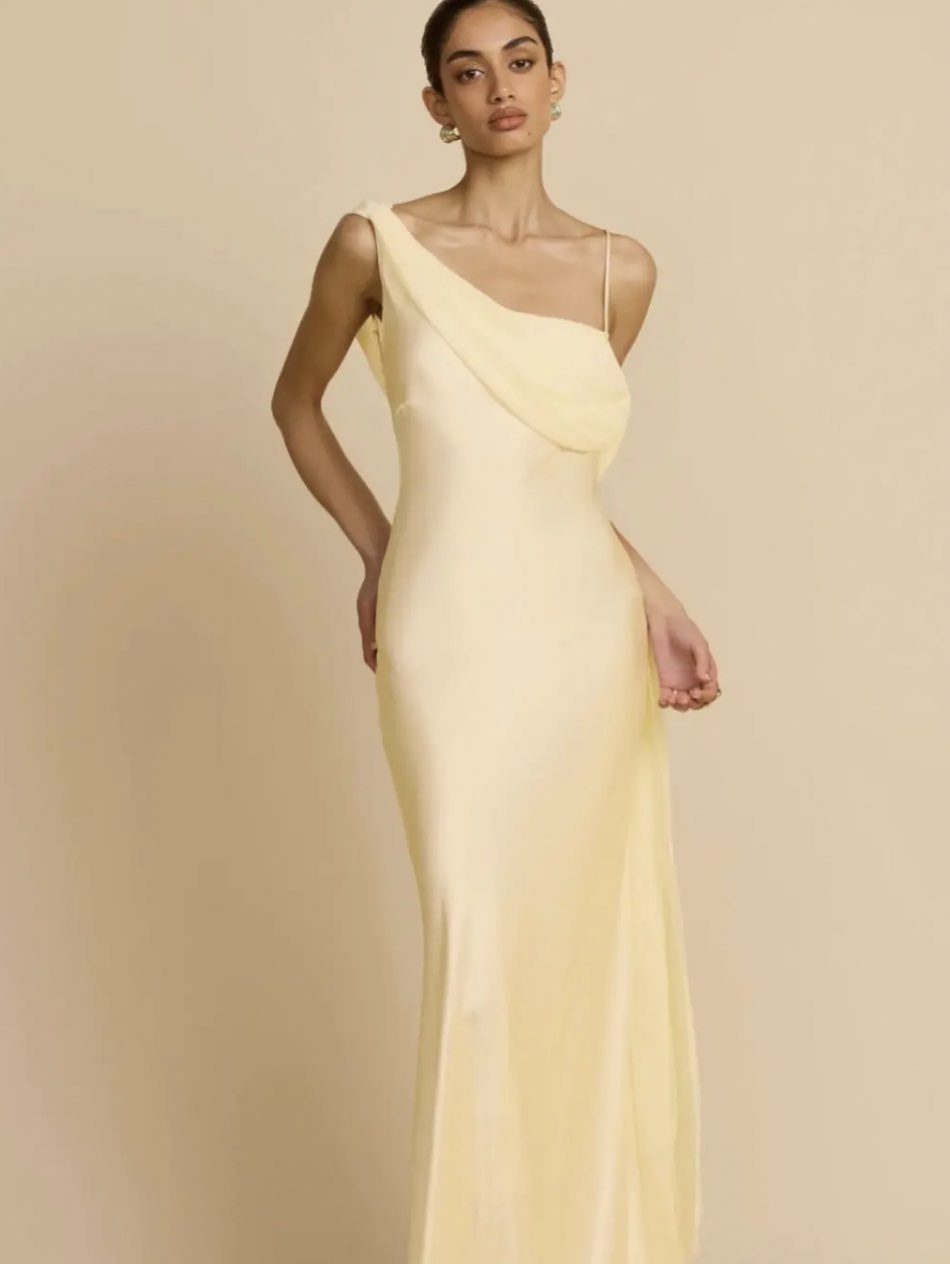 Pale Yellow Draped Satin Gown