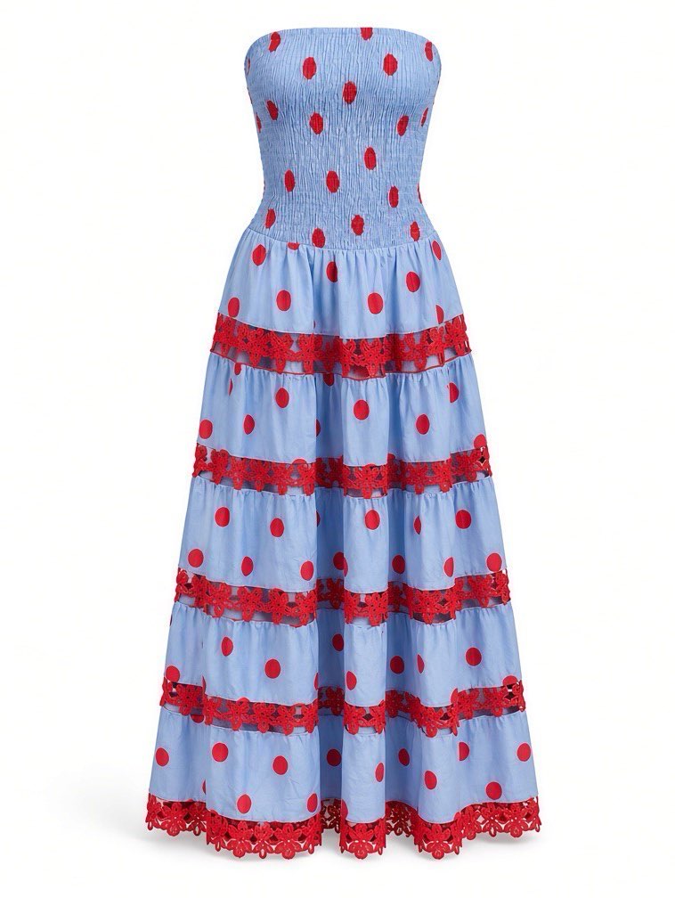Light Blue Red Polka Dot Strapless Tiered Midi Dress
